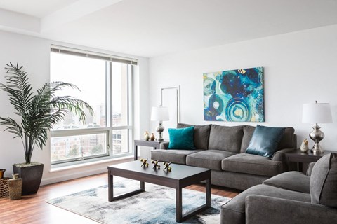 a living room with a couch and a coffee table